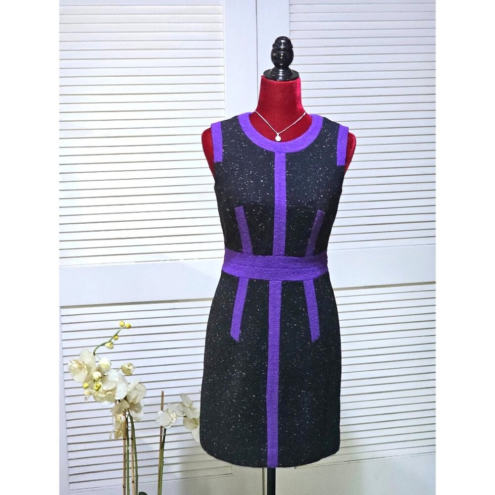 Milly Women's Black Purple Wool Blend Trim Tweed Shift Dress Size 2 2573